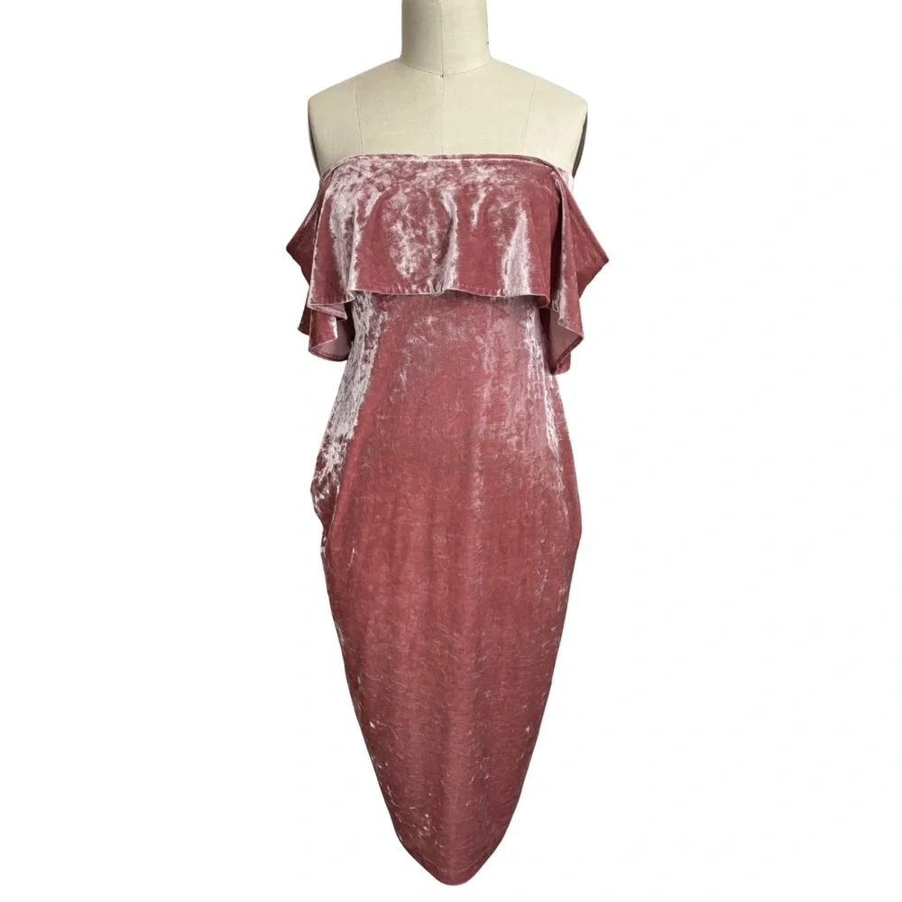 Made by Me: Maternity Elegant Pink Velvet Velour Off-Shoulder Midi Dress Shower - Picture 3 of 9